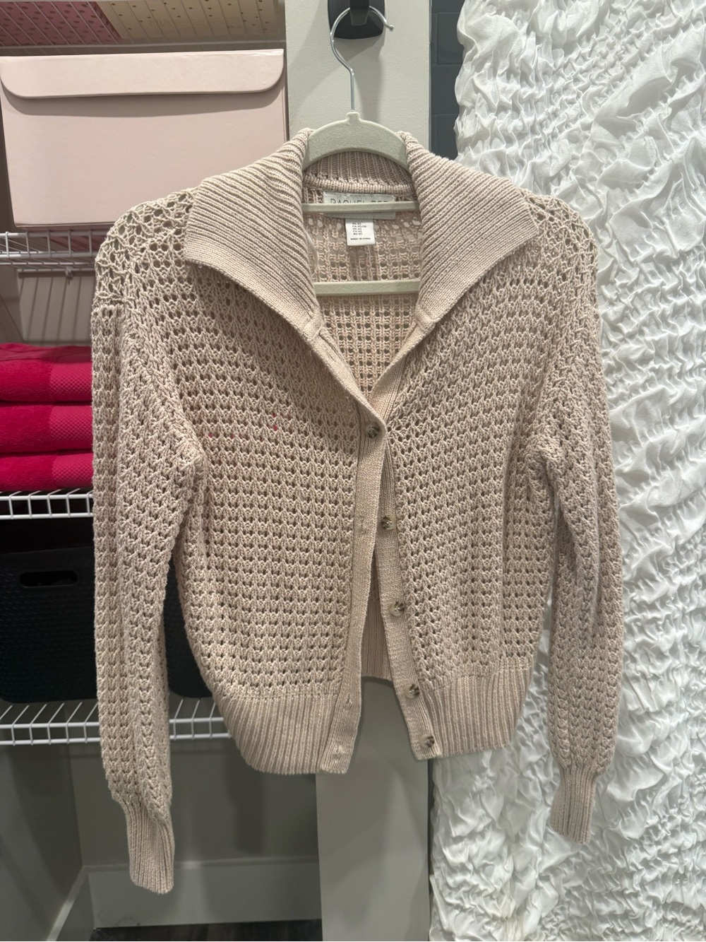 Rachel Zoe Open-Knit Button Cardigan in Light Beige